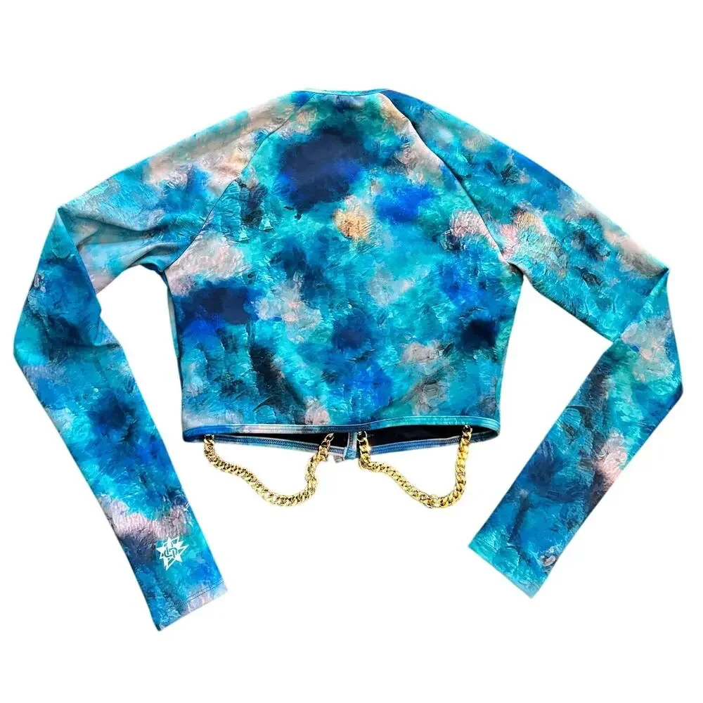 Hadia Ghaleb | NWT Modest Luxury Long Sleeve Swim Top Icing Watercolor Blue Sm
